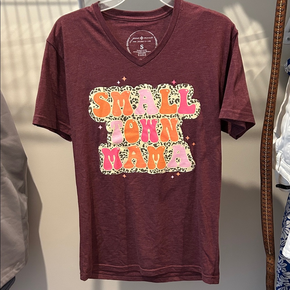 Jane Marie Burgundy V-Neck Tee with Pink & Orange Accents “small town mama”.